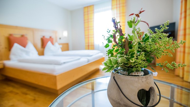 Double room, © Patrick Haberler A double room with a bed in the background and a plant in a pot in the foreground.