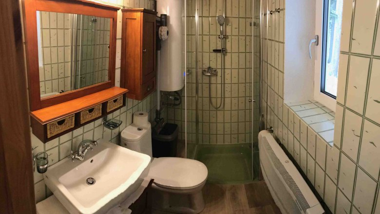 Vacation home, © Marianne Gschaider Small bathroom with shower, washbasin, toilet and wooden cupboards.