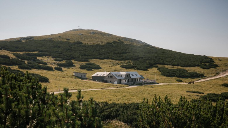 Blick auf das Damb&ouml;ckhaus am Schneeberg umgeben von gr&uuml;nen Almwiesen