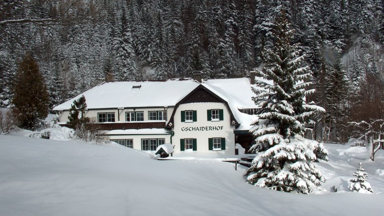Gschaiderhof Winter, © Marianne Gschaider A snow-covered building called Gschaiderhof in front of a forest in winter.
