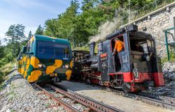 Moderner gelb-grüner Salamanderzug und historische Dampflokomotive begegnen sich auf einer Bergstrecke. Im Hintergrund stehen Wald und eine steinerne Stützmauer.