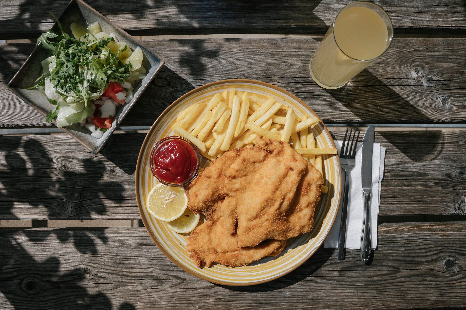 Schnitzel mit Pommes frites, Salat und Getränk auf einem Holztisch beim Damböckhaus am Schneeberg