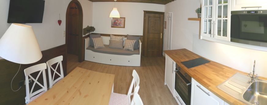 Gemütliches Apartment mit Küche, Esstisch und Sofa.