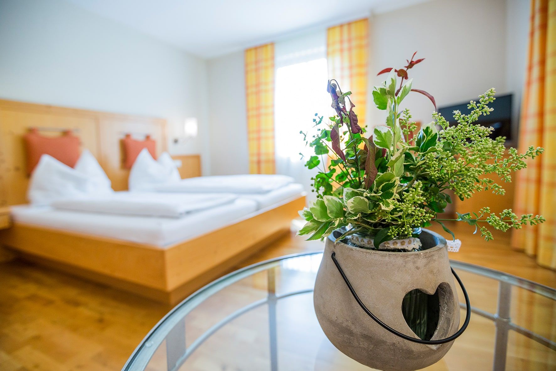 Ein Doppelzimmer mit einem Bett im Hintergrund und einer Pflanze in einem Topf im Vordergrund.