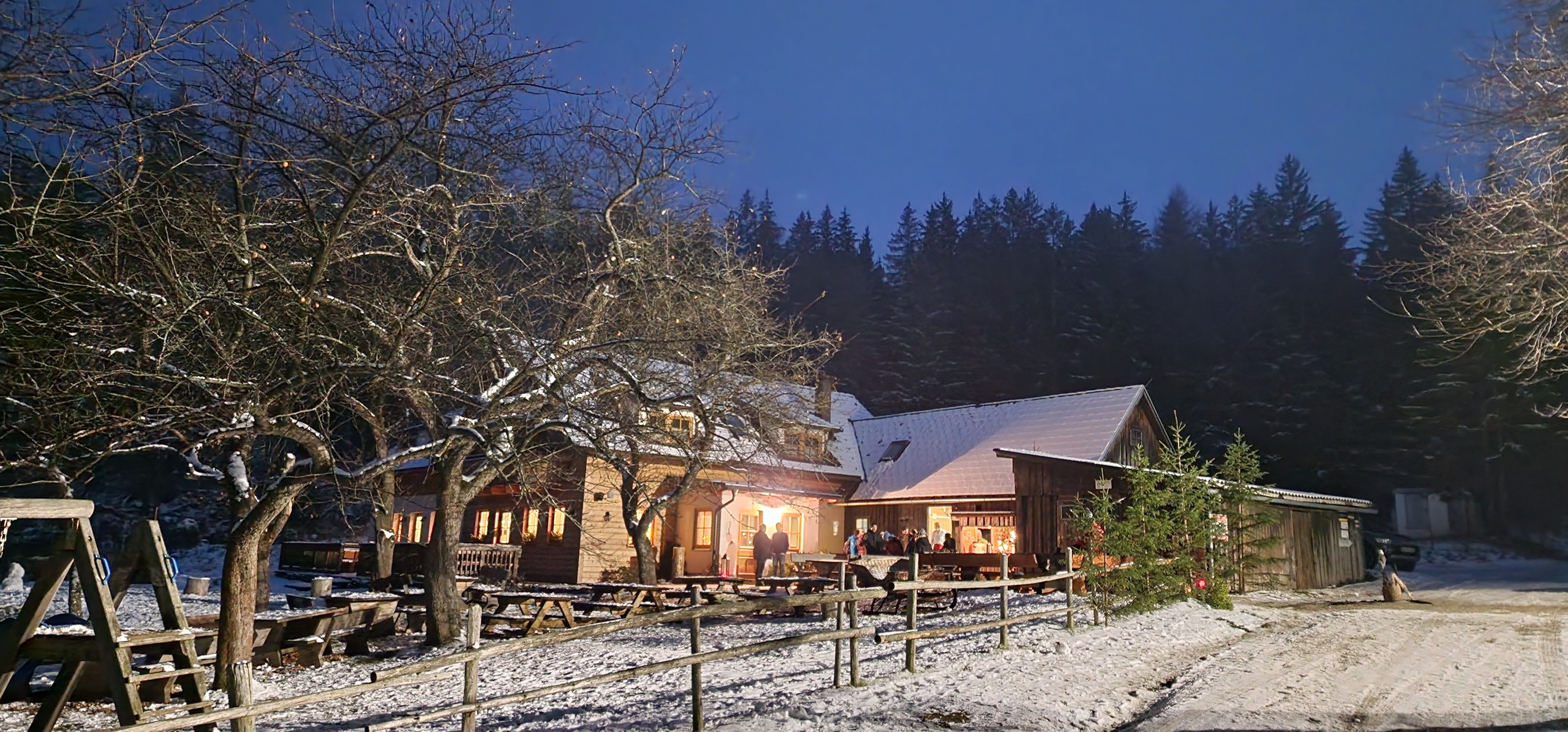 Winterliche Hofszene mit schneebedecktem Boden, beleuchtetem Bauernhaus und kahlen Bäumen vor dunklem Waldhintergrund