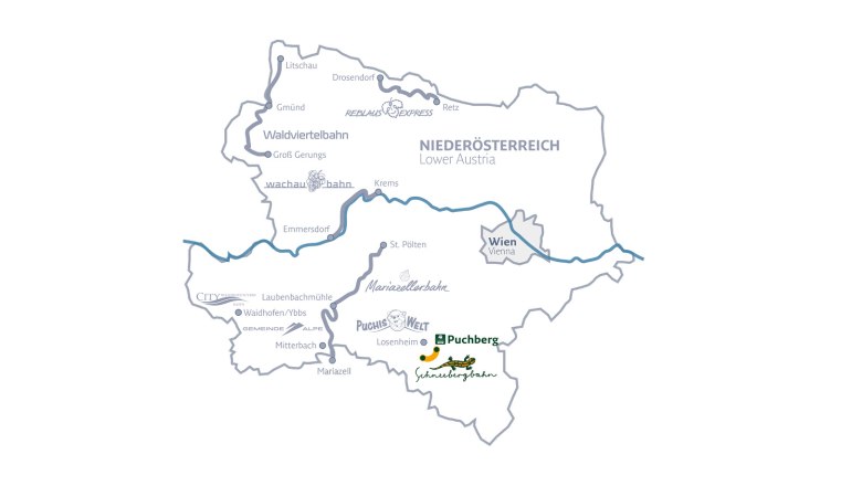 illustrierte Niederösterreichkarte mit Information zur Anreise