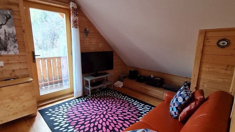 Cozy living room with red leather sofa, colorful carpet and wooden walls in a vacation home.