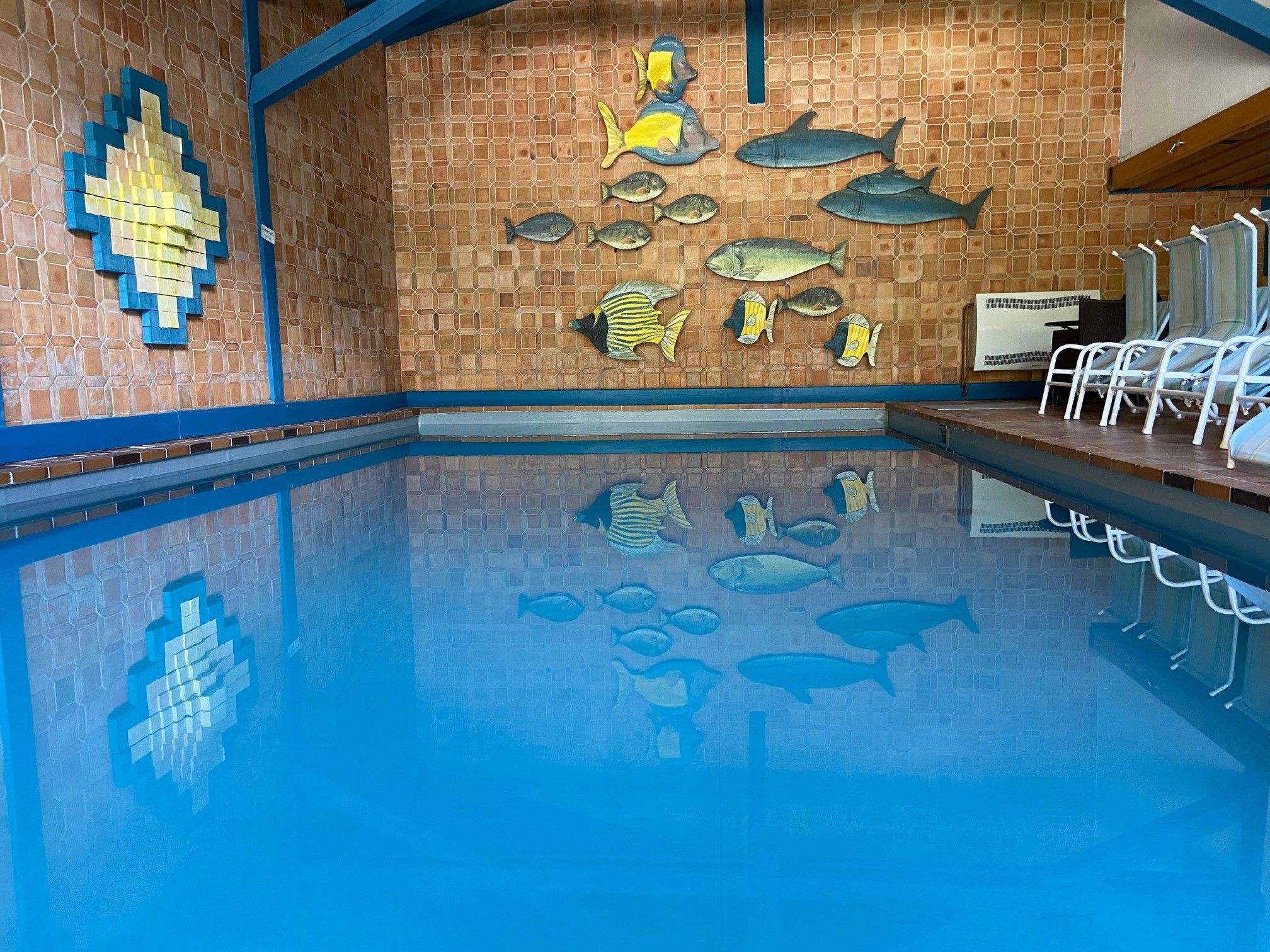 Innenpool mit blauer Wasseroberfläche und Wanddekoration aus Fischen.
