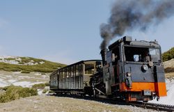 Historische Dampflokomotive mit schwarzem Rauch zieht einen Personenwagen durch eine alpine Landschaft mit Wiesen, Felsen und letzten Schneeresten.