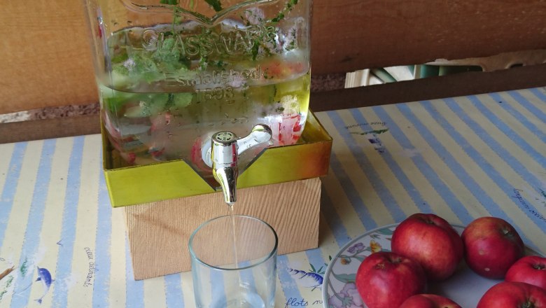 A glass container with water and herbs, next to it a glass and a plate with red apples on a striped table.