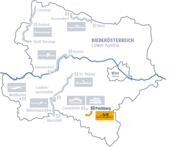 Karte von Niederösterreich mit dem Streckennetz der Schneebergbahn. Weitere Bahnlinien und wichtige Orte sind schematisch dargestellt.