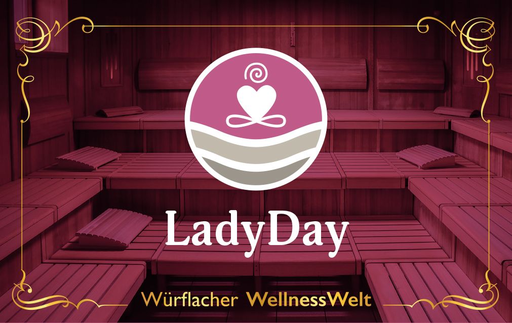 Ein stilisiertes Logo mit einer Figur in Meditationshaltung auf einem rosa Hintergrund, umgeben von einer Sauna. Text: LadyDay, Würflacher WellnessWelt.