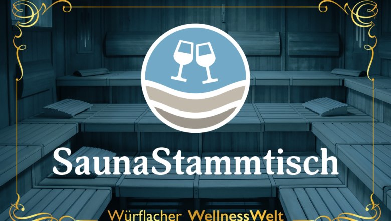 Logo of the SaunaStammtisch in a sauna with wooden benches.